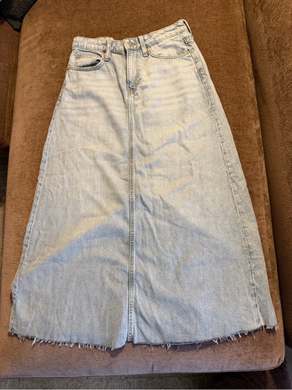H&M Feather Soft Denim Midi Skirt NWT Light Wash A-Line Front Slit Size S